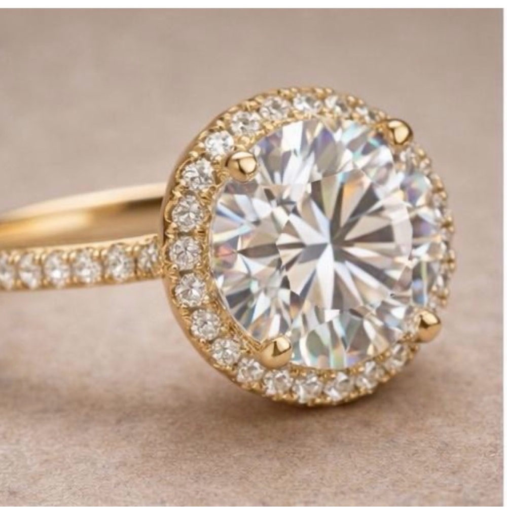 Moissanite Halo Engagement Ring – 2.5ct Round, 14k Yellow Gold, Size 6.75